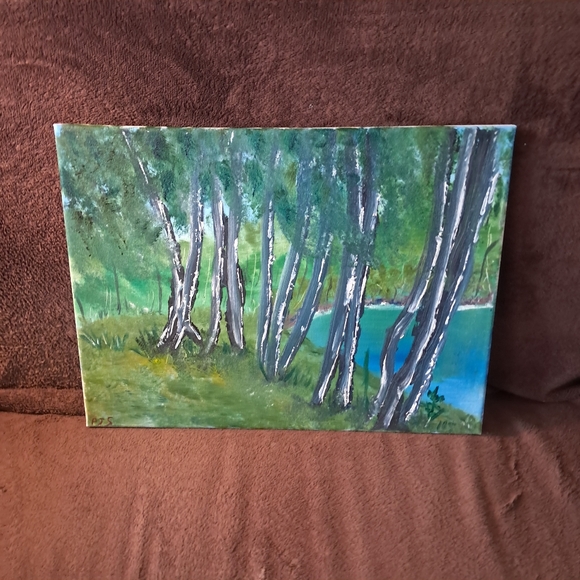 Oil Paint Hand Painted Canvas Birch Trees Green - Picture 1 of 5